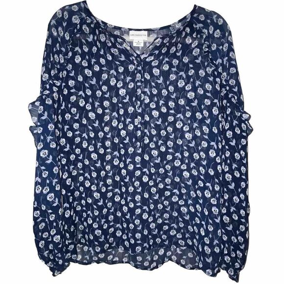Liz Claiborne Blouse Sheer‎ Tie Neck Size M Blue Floral Ruffle LS GirlCore - Picture 1 of 7